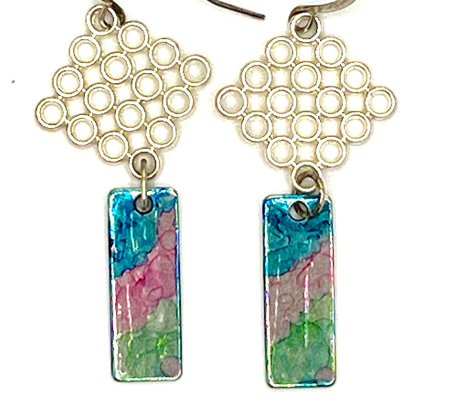 Hand Painted Pink, Green and Teal earrings