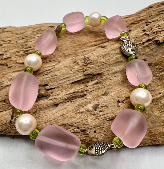 Sea Glass Style Pink and Pearl Bracelet