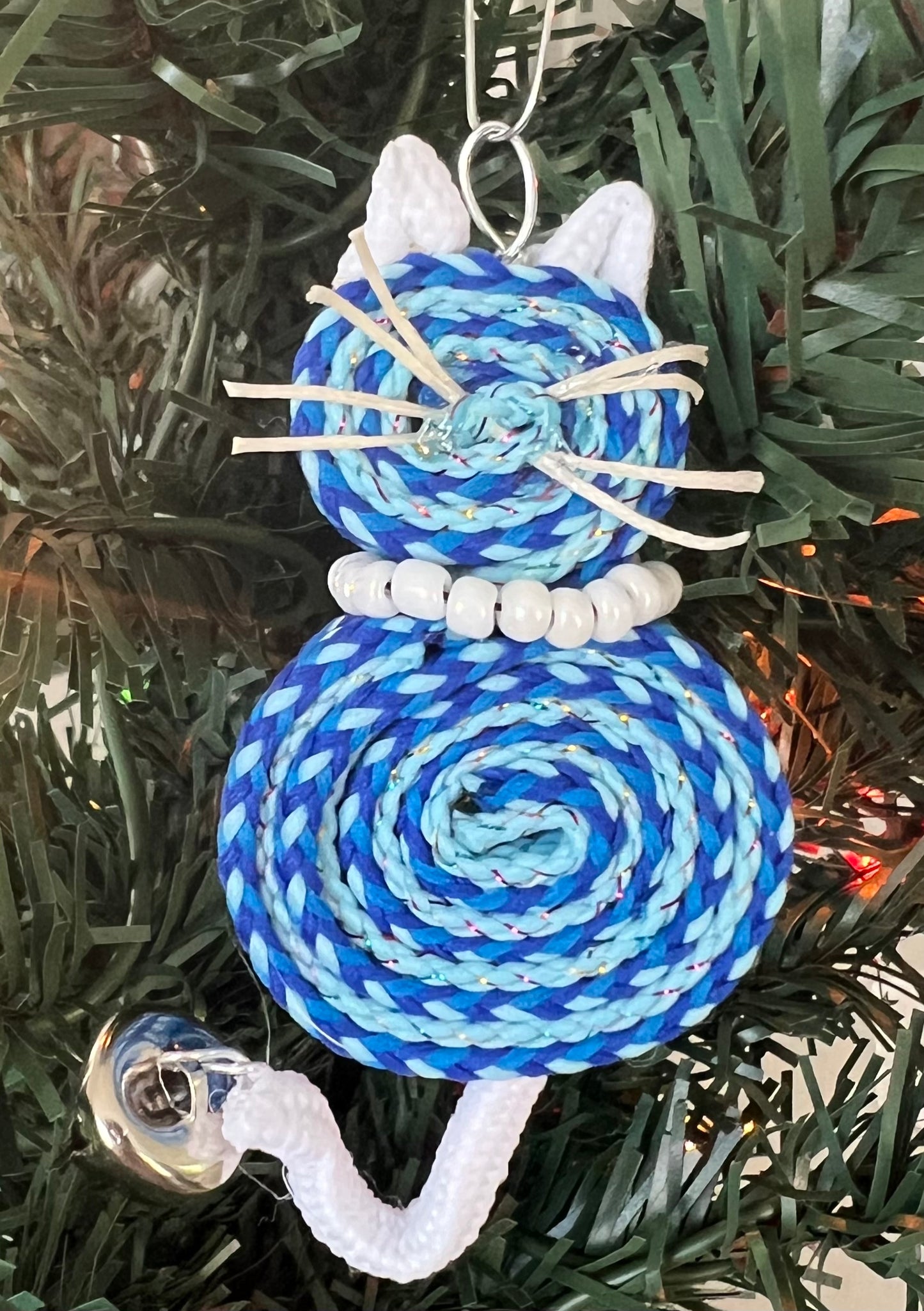 Blue Shoelace Cat with Pearl Necklace