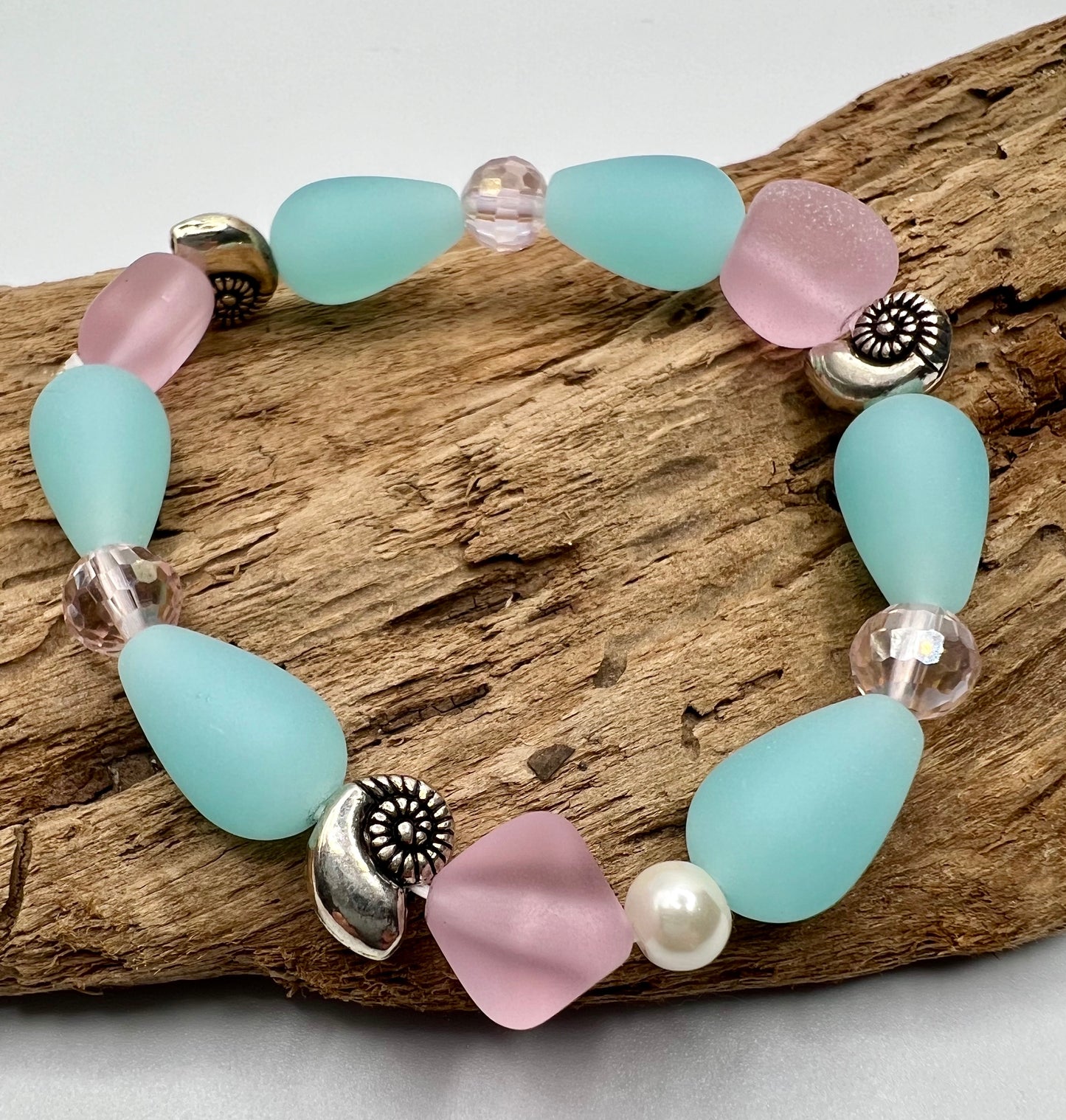 Sea Glass Style Turquoise and Pink Bracelet